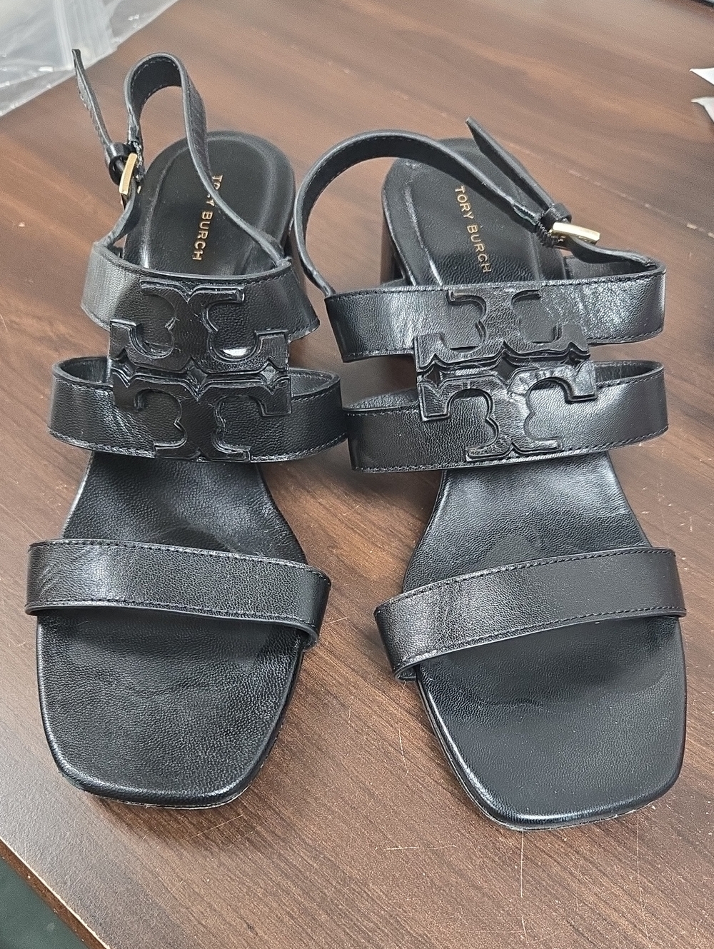 Tory Burch Size 9.5 Black Leather Triple-Strap Logo Slingback Heeled Sandals